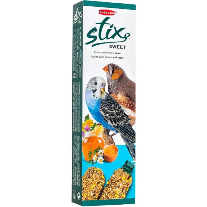 Padovan Stix Sweet parakeet treats with honey and eggs in a colorful box for birds