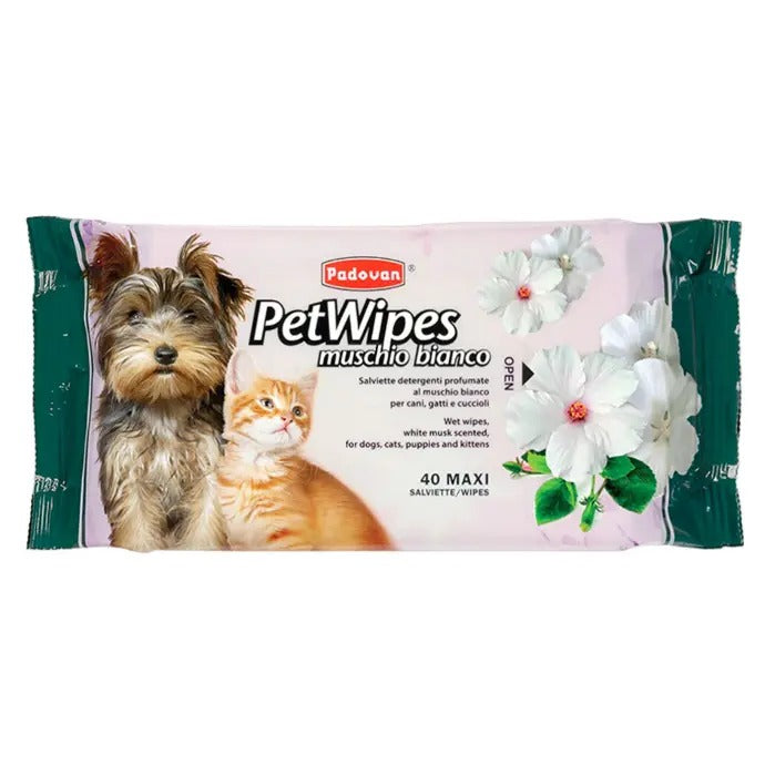 Padovan pet wipes white musk pack for dogs and cats, perfect for quick and gentle cleaning