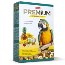Premium parrot food box, green and white with parrot illustration and ingredient mix