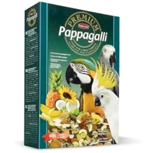 Premium parrot food box, dark green with parrot illustration and seed mix graphic