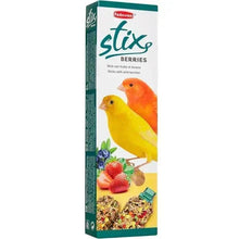 Bird treat box with berries and two canary illustrations