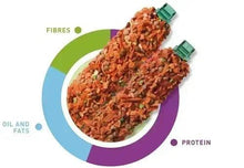 Rabbit stix flakes food, orange-brown chopped pieces in a white bowl graphic