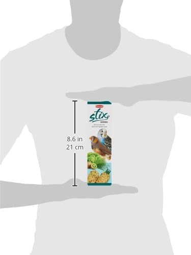 Padovan Stix Herbs for budgies packaged in a tall box featuring birds and varied ingredients