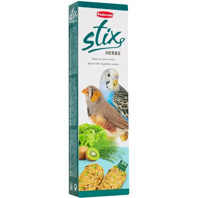 Padovan Stix Herbs for budgies packed with vegetable seeds and natural herbs for healthy snacks
