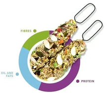 Fruit snack seed mix diagram in bowl with labels for fibres, protein, and oil