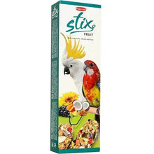 Parrot-themed fruit snack sticks box, Stix Fruit 150g, with parrots and seed mix