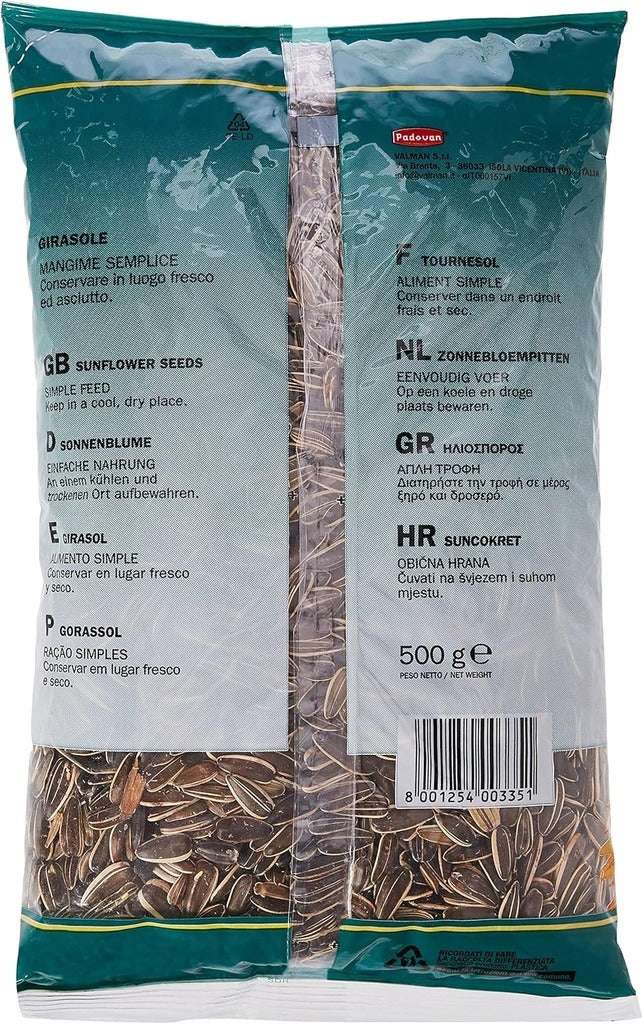 Padovan Sunseeds 500g for birds packaged in a clear bag showcasing sunflower seeds
