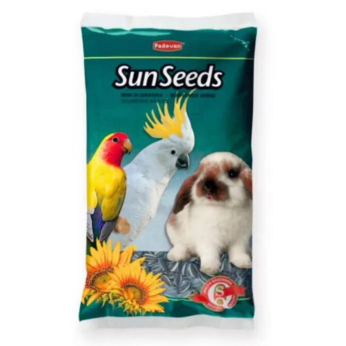 Padovan Sunseeds 500g for birds featuring colorful birds and a bunny on the package
