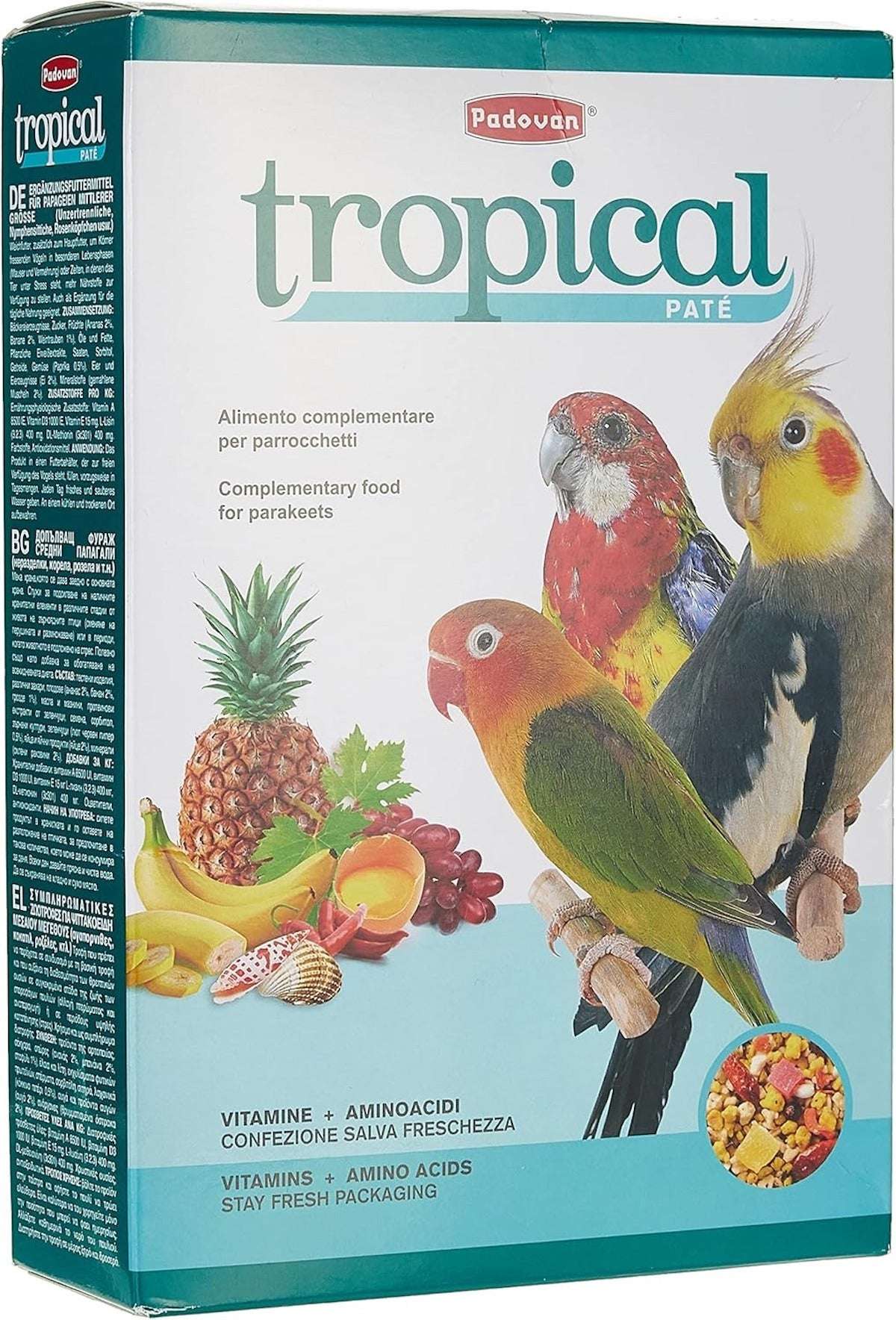 Padovan Tropical Patee bird food packaging featuring colorful parakeets and fresh ingredients like fruits