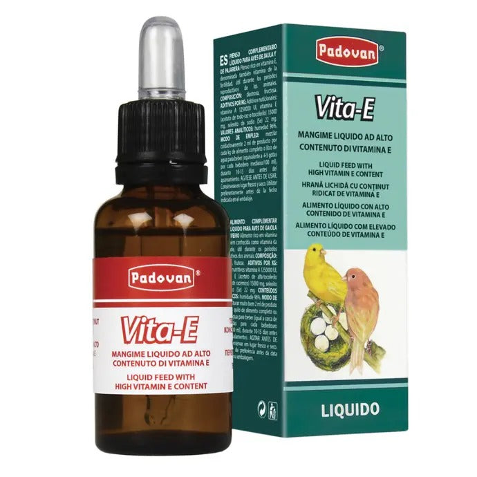 Padovan Vita-E liquid for birds in a brown bottle with a dropper for enhanced bird health
