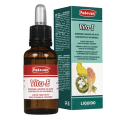 Padovan Vita-E liquid for birds in a brown bottle with a dropper for enhanced bird health