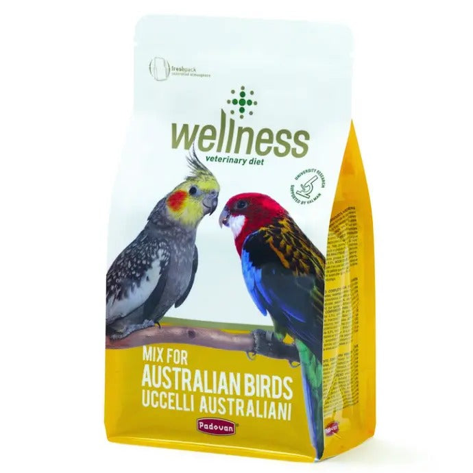 Padovan Wellness Australian bird food 850g in a yellow bag featuring Australian birds on the front