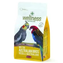 Veterinary bird diet mix pouch for Australian birds, yellow and white packaging