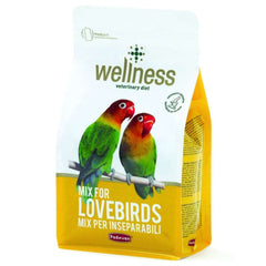 Padovan Wellness Lovebirds food in a yellow bag, featuring two lovebirds on the packaging