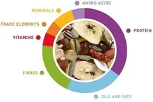 Parrot feed ingredient chart showing protein, amino acids, minerals, vitamins, fibers