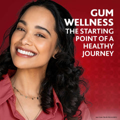 Smiling woman showing healthy teeth against red gum wellness backdrop with Parodontax Original Toothpaste 75ml