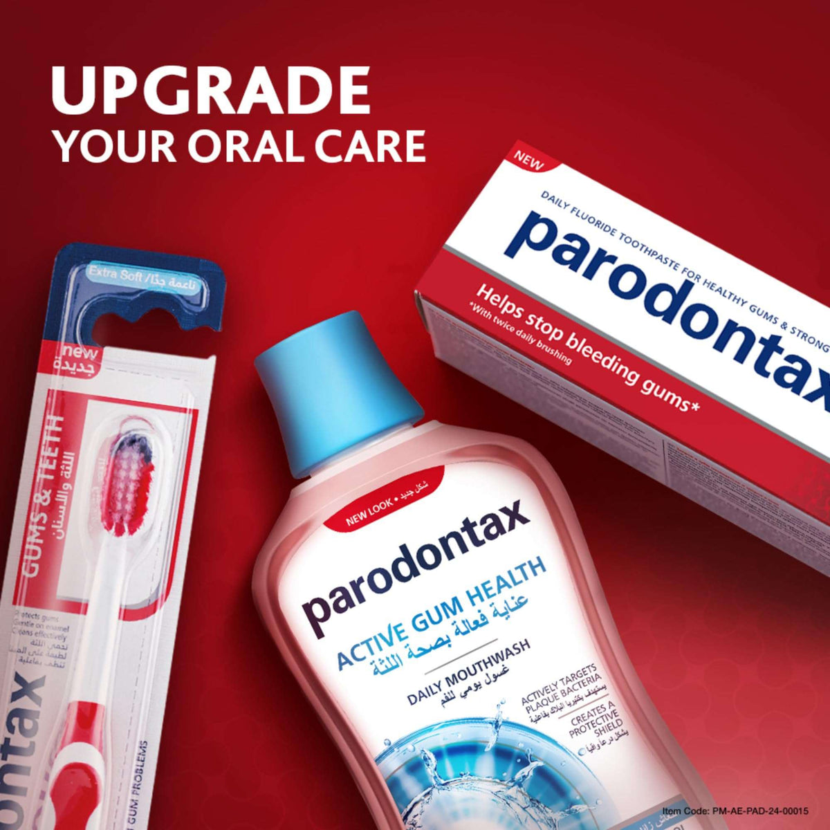 Parodontax toothpaste fluoride 75ml box with Parodontax mouthwash and toothbrush on red background