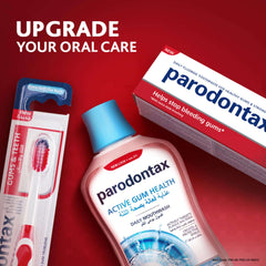 Parodontax toothpaste fluoride 75ml box with Parodontax mouthwash and toothbrush on red background