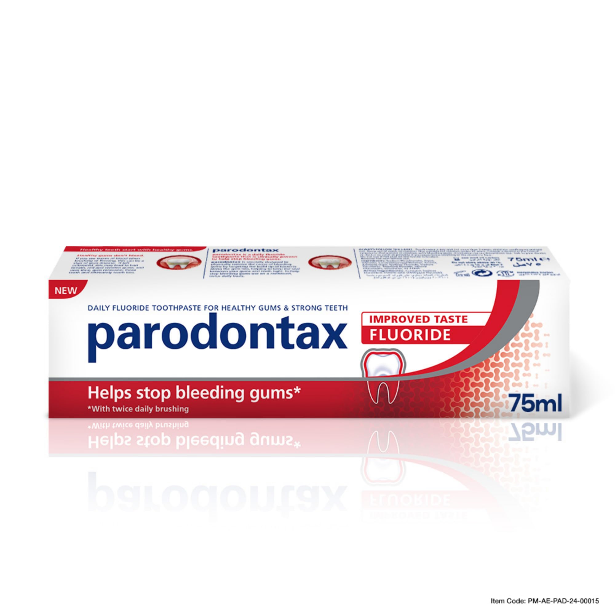 Parodontax toothpaste fluoride 75ml box in white and red packaging showing improved taste label and bleeding gums claim
