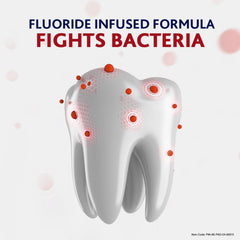 Parodontax toothpaste fluoride 75ml ad showing a tooth with red bacteria spots and fluoride fights bacteria claim