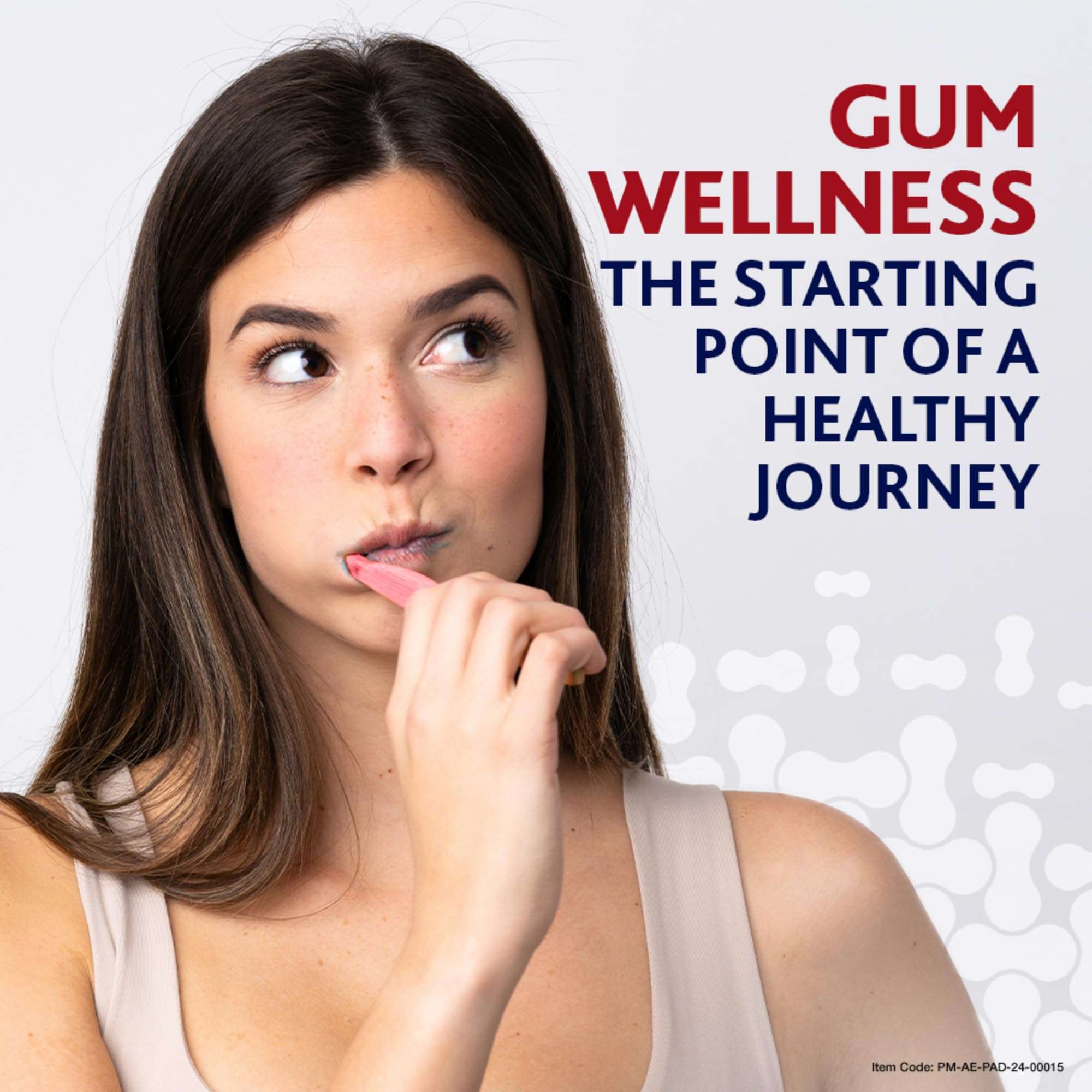 Young woman brushing teeth with pink toothbrush next to Gum Wellness text showing Parodontax toothpaste fluoride 75ml