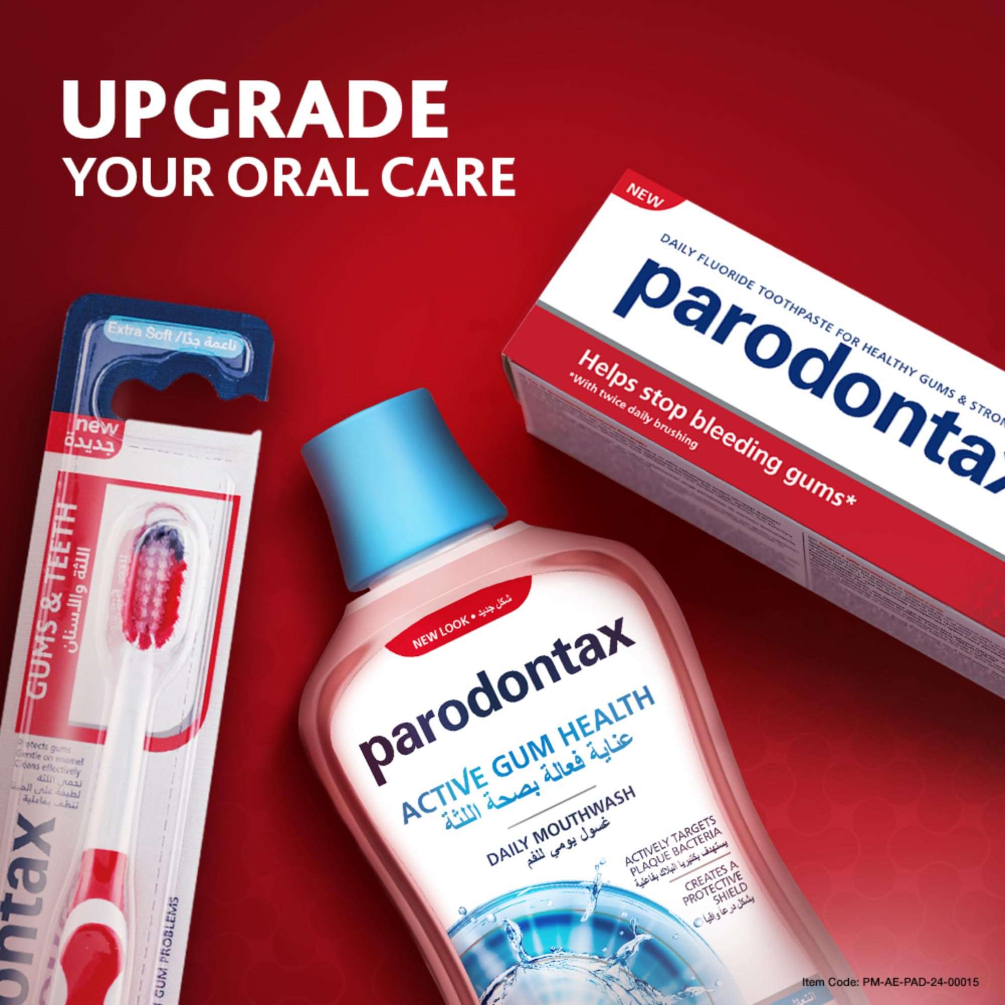 Parodontax toothpaste for bleeding gums with Parodontax mouthwash and toothbrush on red background