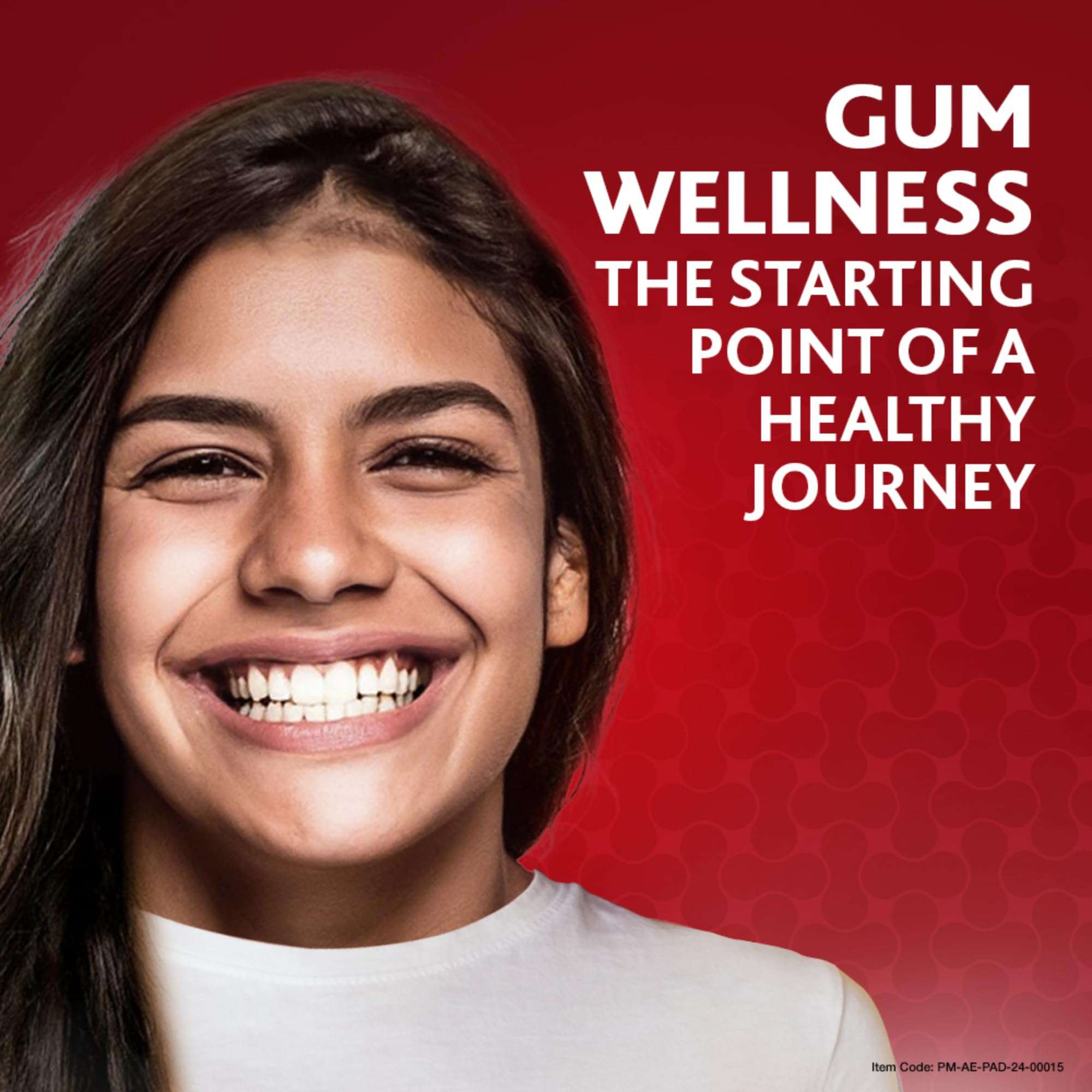 Smiling young woman with healthy teeth marketing banner promoting gum wellness Parodontax toothpaste for bleeding gums