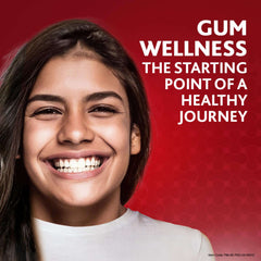 Smiling young woman with healthy teeth marketing banner promoting gum wellness Parodontax toothpaste for bleeding gums