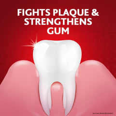 Parodontax toothpaste for gum health ad showing a shiny white tooth between pink healthy gums on red background