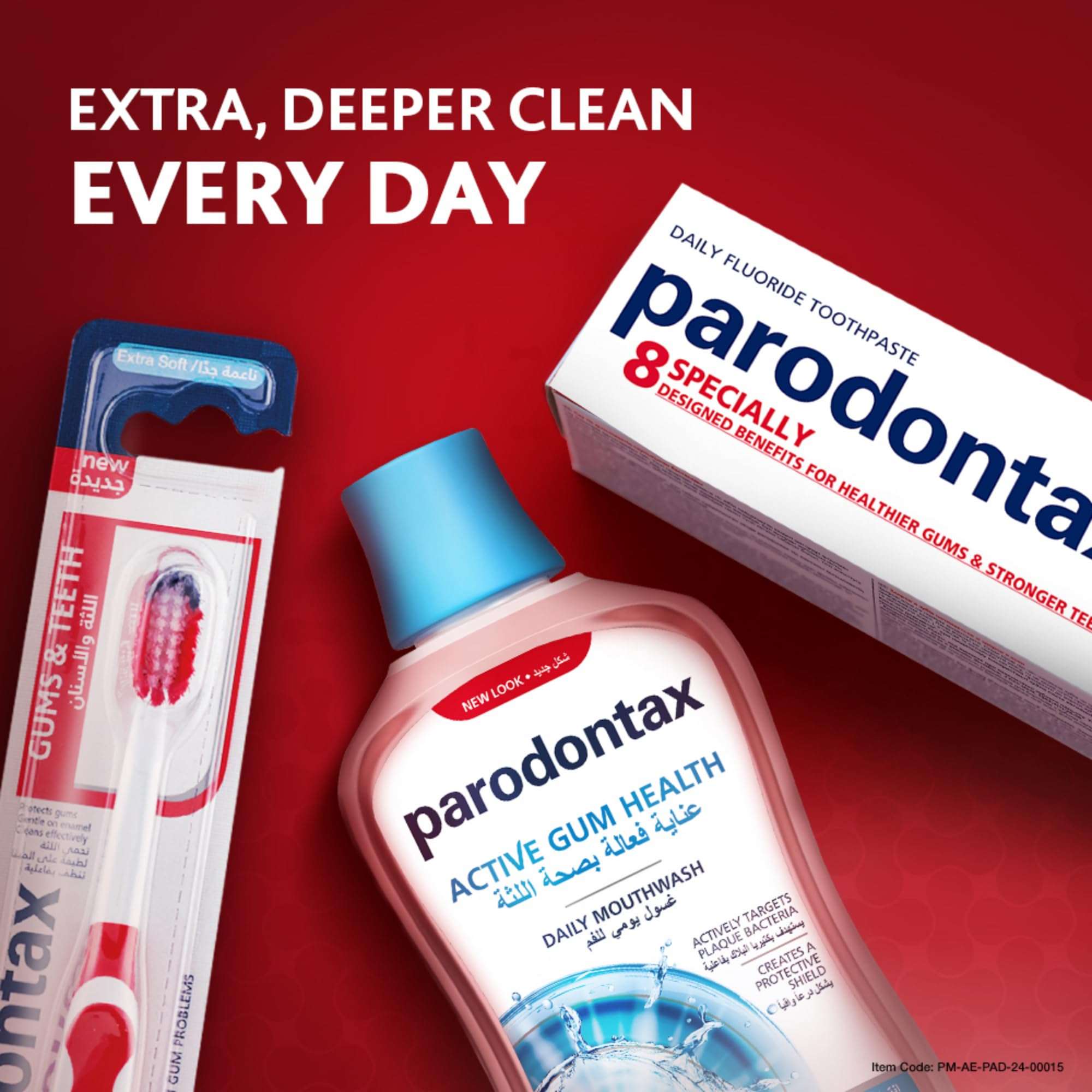 Parodontax toothpaste for gum health. Parodontax Active Gum Health mouthwash toothpaste box and toothbrush on red background