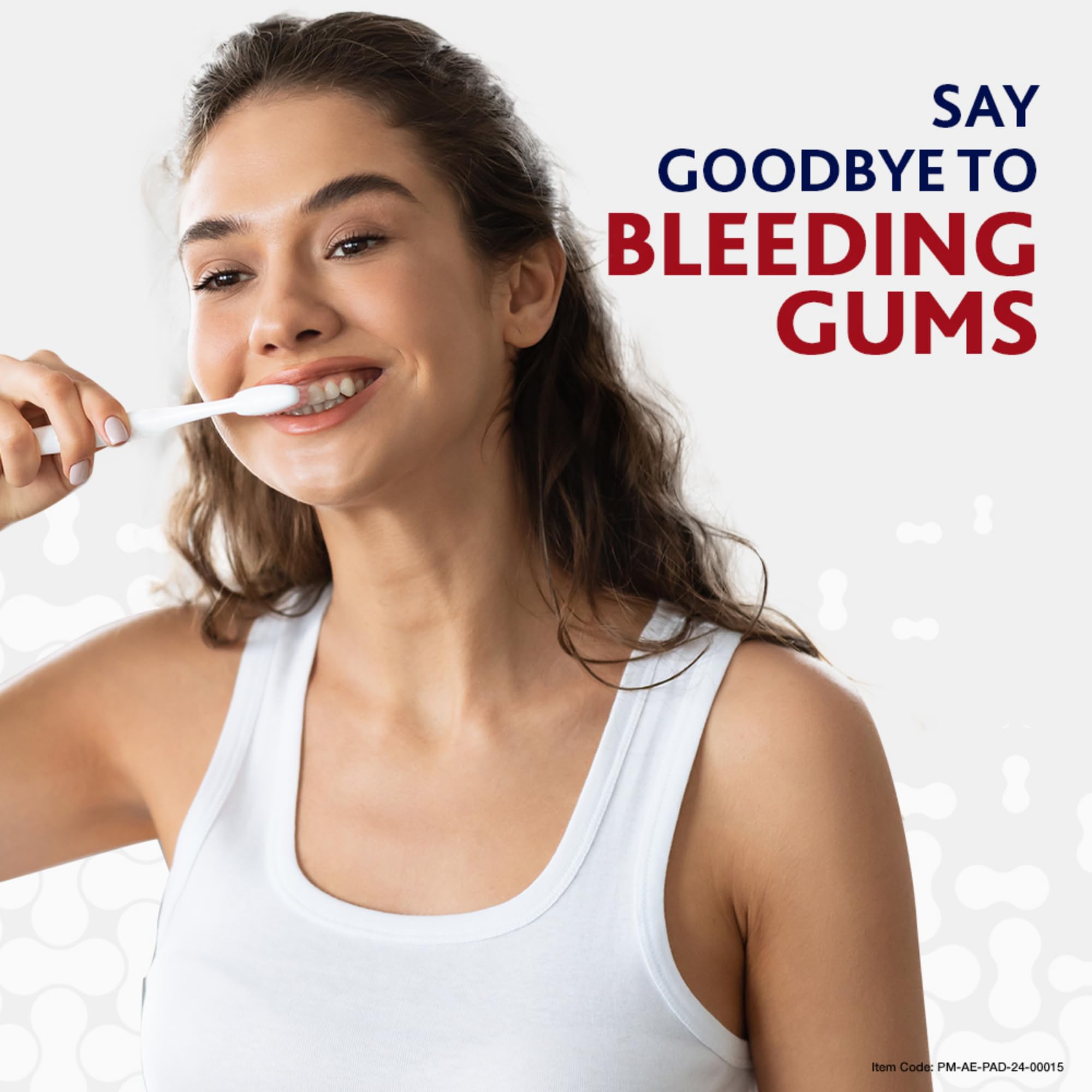 Young woman brushing teeth smiling promoting Parodontax toothpaste for gum health to stop bleeding gums
