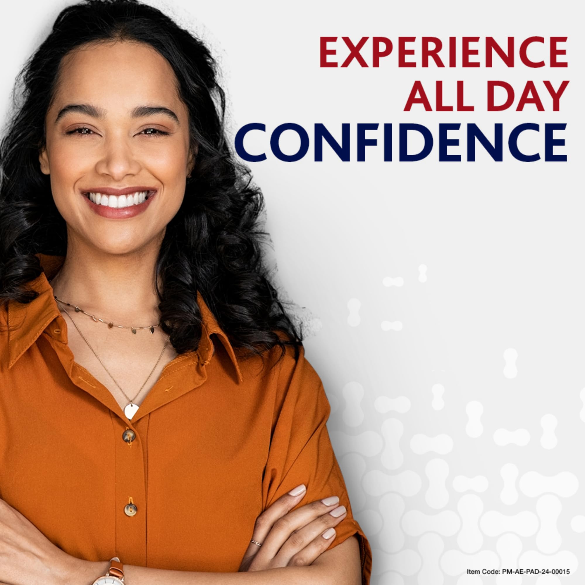 Smiling woman in orange shirt beside Experience All Day Confidence text promoting Parodontax toothpaste for gum health.