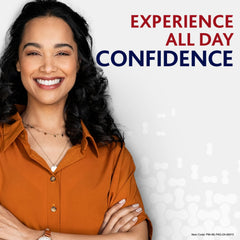 Smiling woman in orange shirt beside Experience All Day Confidence text promoting Parodontax toothpaste for gum health.