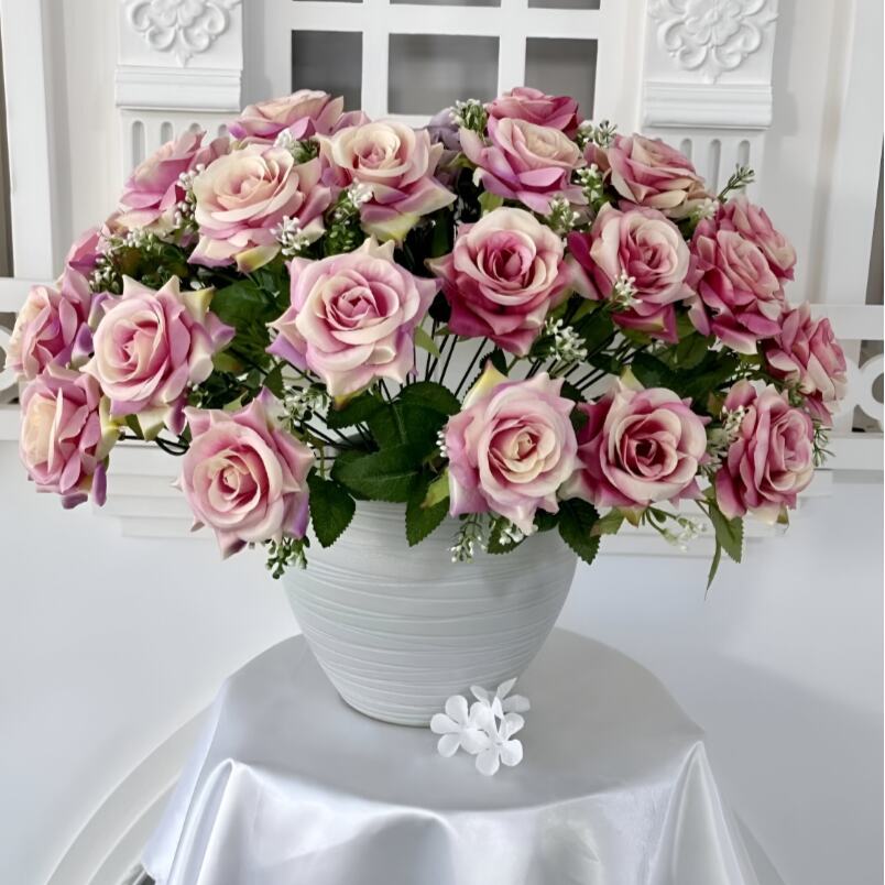 Huitich party artificial flower arrangements featuring pink and cream roses in a white vase