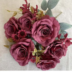 Huitich artificial flowers bouquet featuring deep pink roses and green leaves for party decoration silk flowers