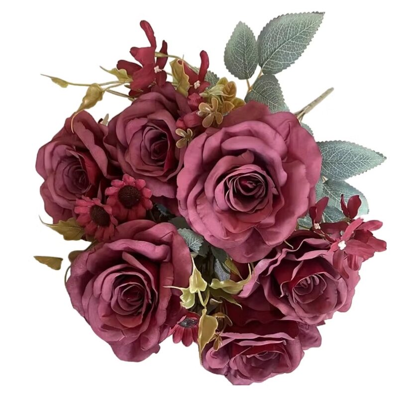 Huitich party decoration silk flowers in deep burgundy with realistic leaves and small floral accents