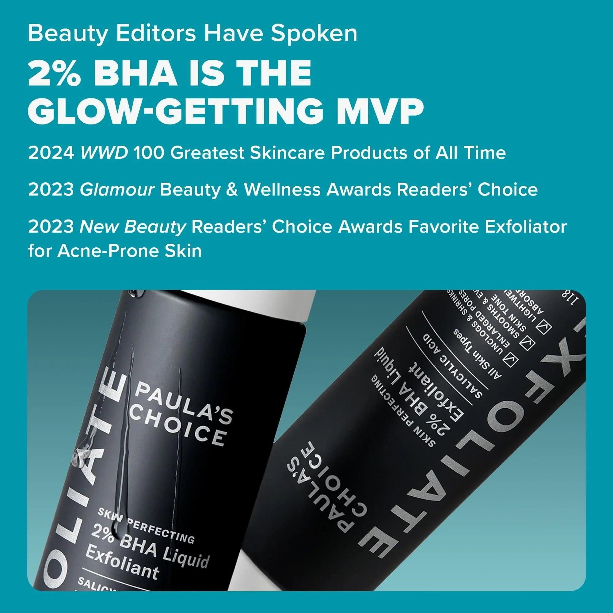 PAULA'S CHOICE 2% BHA liquid exfoliant bottles with angled label details