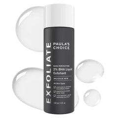 PAULA'S CHOICE Exfoliate BHA liquid bottle with white droplet swatches