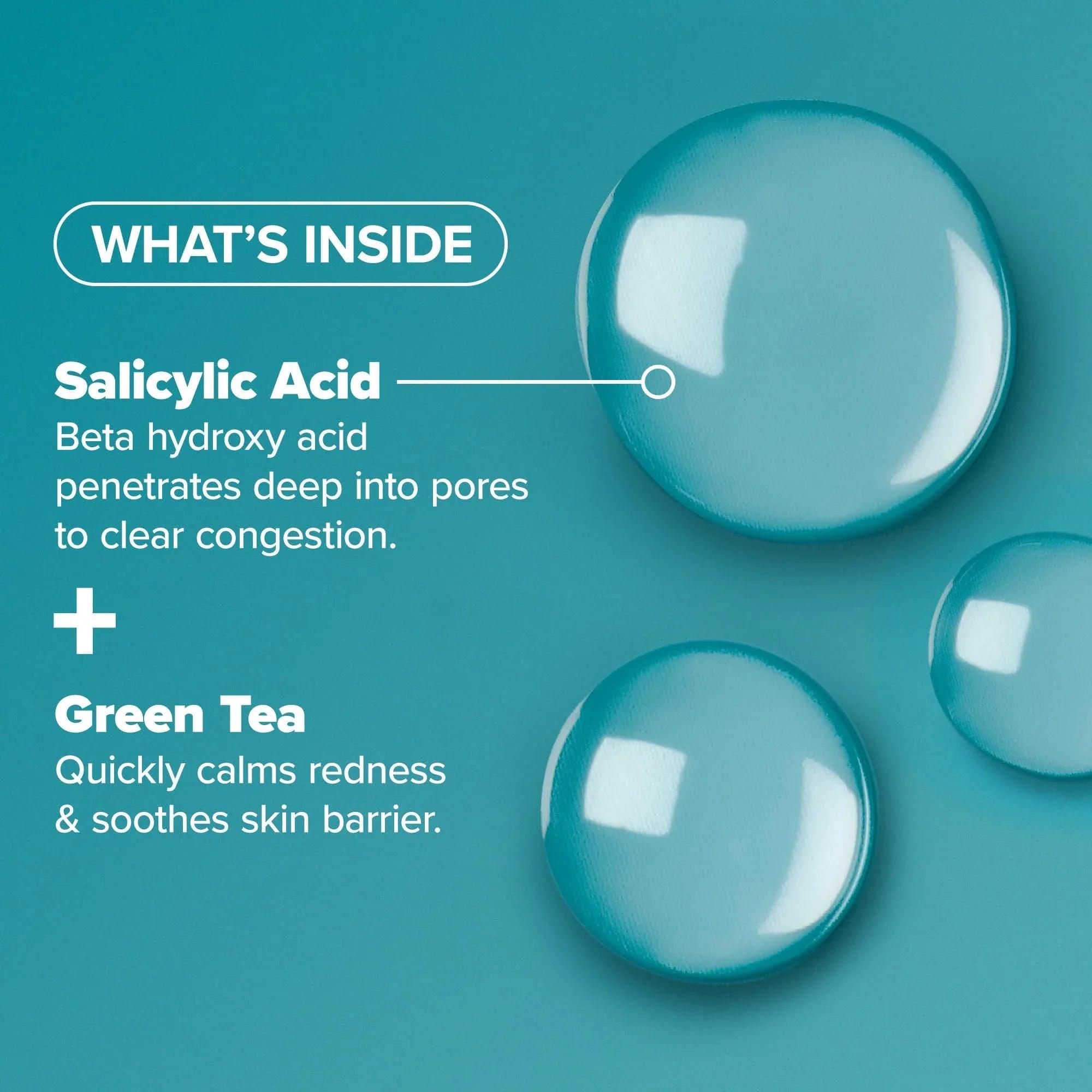 Salicylic acid exfoliant ingredient graphic with salicylic acid and green tea callouts