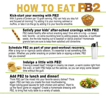 PB2 powdered peanut butter serving ideas poster with multiple use-case text blocks.