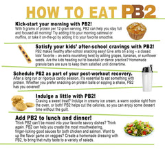 How to Eat PB2 infographic showing muffin snack ideas shaker salad and cookie using powdered peanut butter UAE
