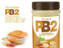 PB2 powdered peanut butter jar with brown lid and bowl of peanut butter powder.