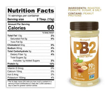 PB2 powdered peanut butter nutrition facts panel with serving size and calorie info.