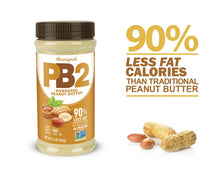PB2 powdered peanut butter jar with 90% less fat calories text and peanuts.