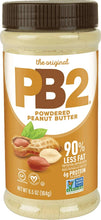 Powdered peanut butter jar with brown lid and PB2 label, 90% less fat.