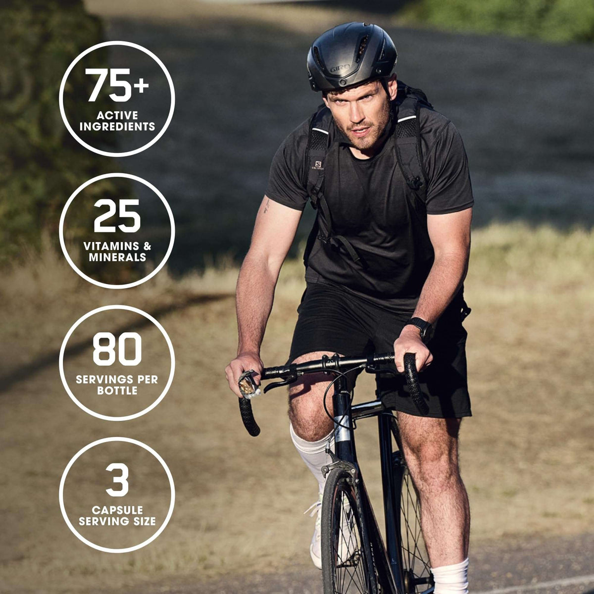 Optimum Nutrition men's daily multivitamin supplement image of a cyclist and icons for 75 plus active ingredients