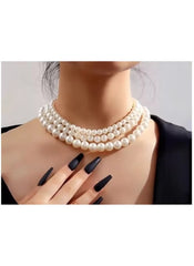 Huitich elegant triple strand pearl necklace worn on model with black dress and long black nails