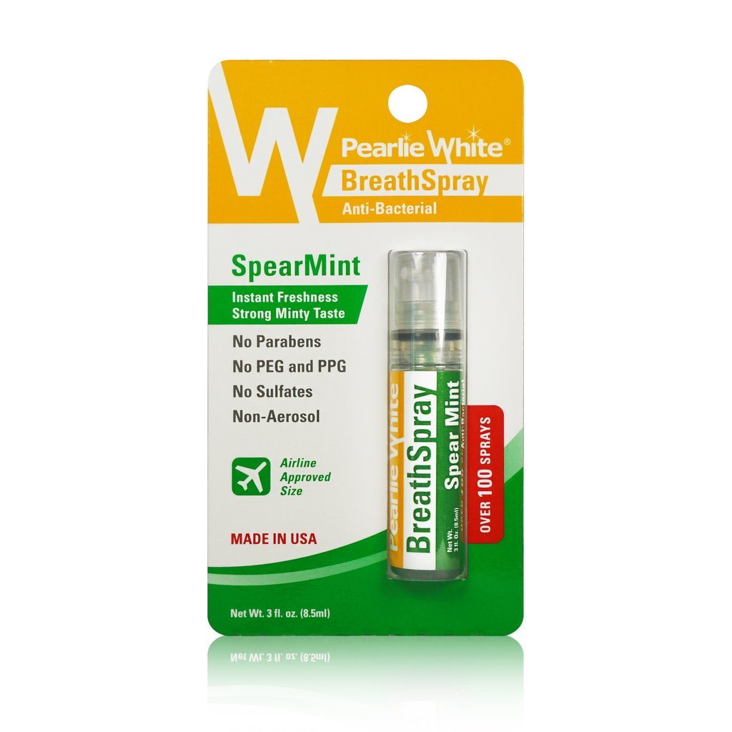 Pearlie White breath spray Spear Mint travel size retail blister pack green yellow label tube with flavor and antibacterial claims