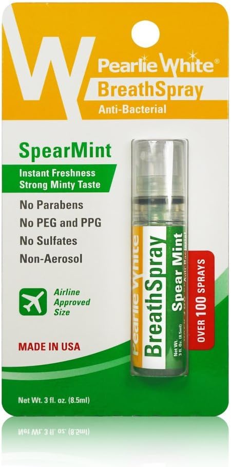 Pearlie White breath spray Spear Mint travel size antibacterial spray with SpearMint label and packaging
