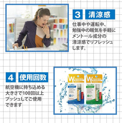 Pearlie White breath spray Spear Mint packaging beside office scene of woman covering a yawn at her desk